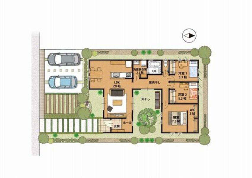 コの字型の中庭を設けた平屋の間取り図