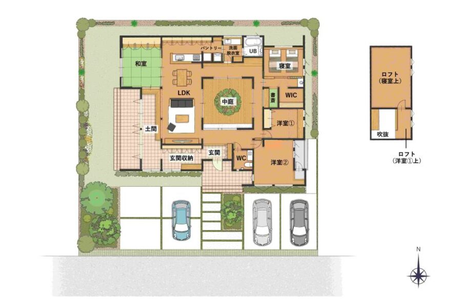 ロの字型の中庭を設けた平屋の間取り図