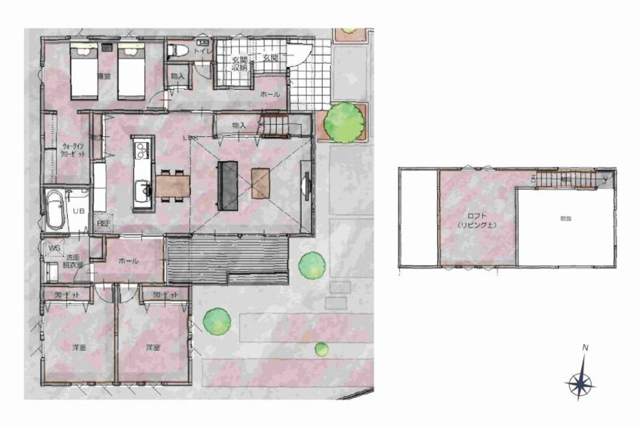 LDKを中心に据えたロフトつきの平屋の間取り図