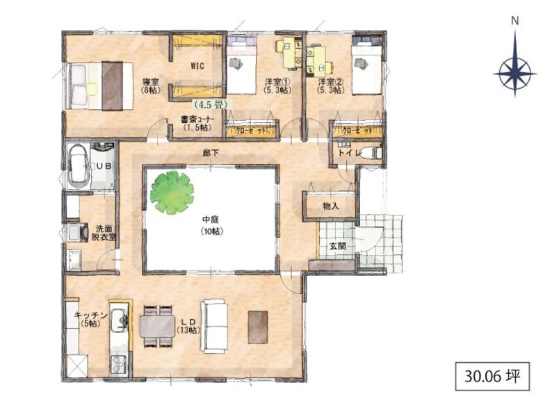 30坪の平屋の間取り図