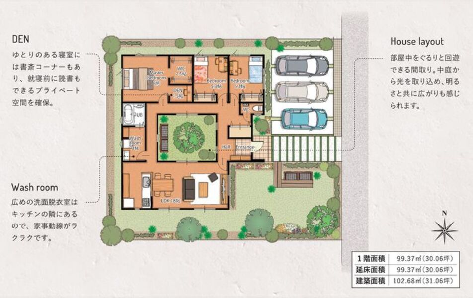 中庭を望むロの字の平屋の間取り図