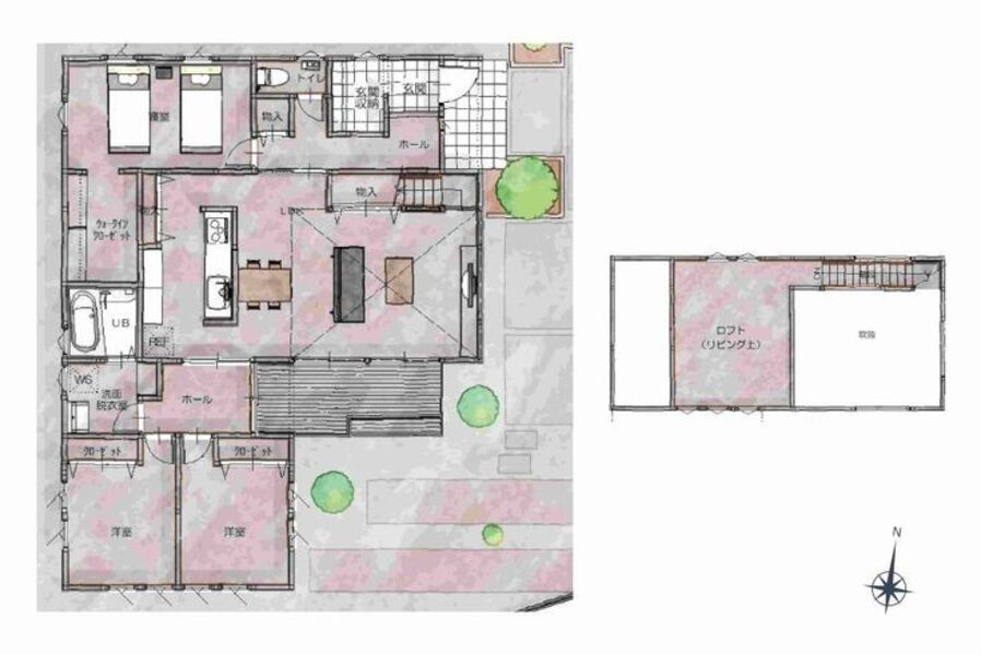 玄関からすぐに寝室へ行けるロフトのある平屋の間取り図