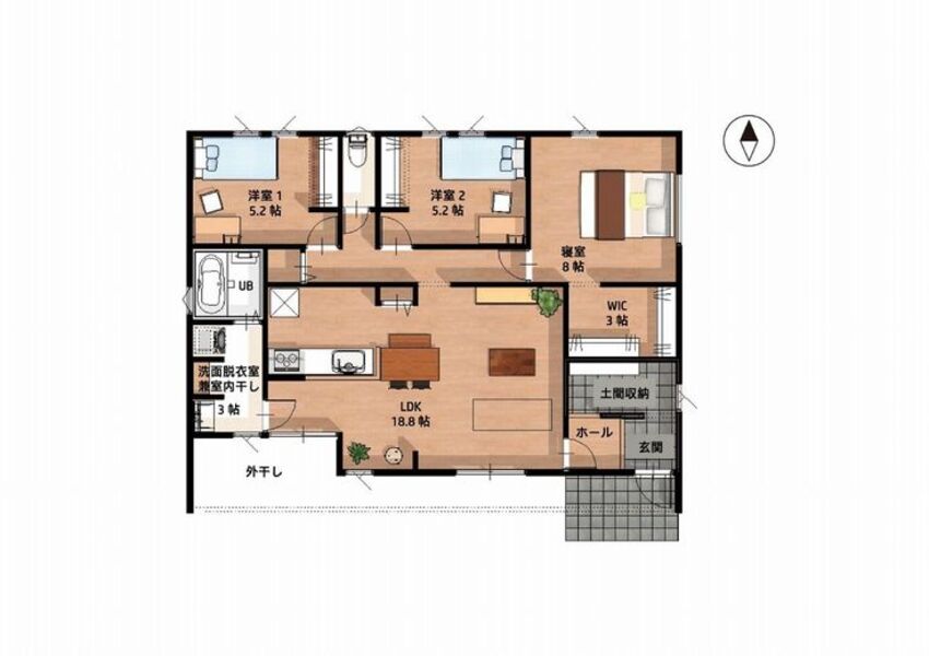 土間収納でスッキリ暮らせる平屋の間取り図