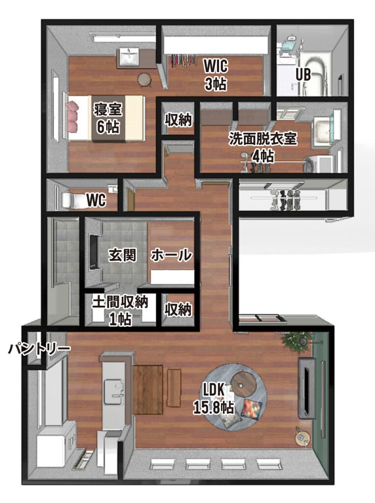 玄関を挟んで居住スペースを分けたコの字の家