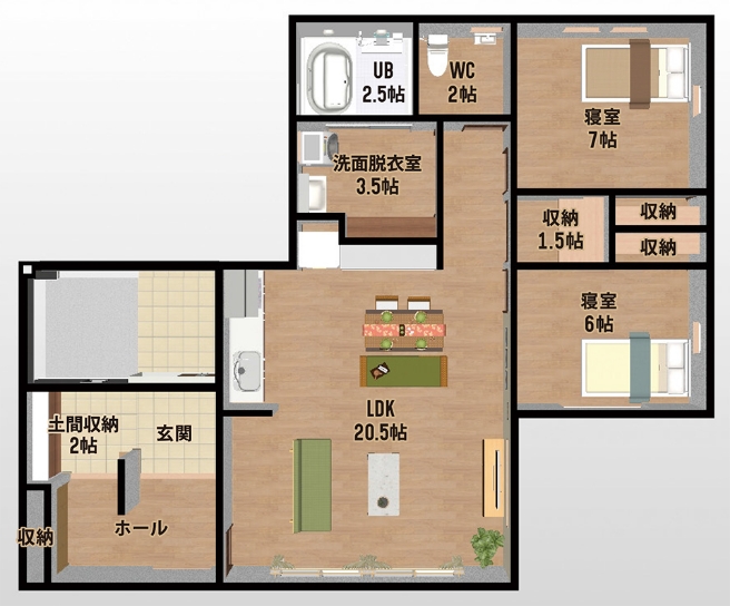 間取り例②
リビングと寝室を近くに配置した行き来のしやすい家