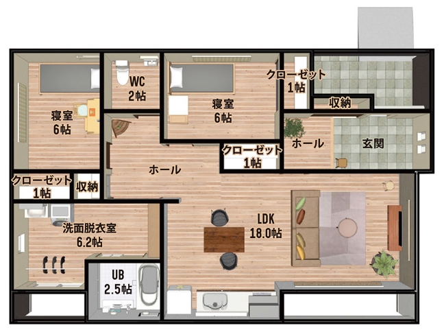 間取り例①
ゆとりを持った設計で毎日を快適に送れる家