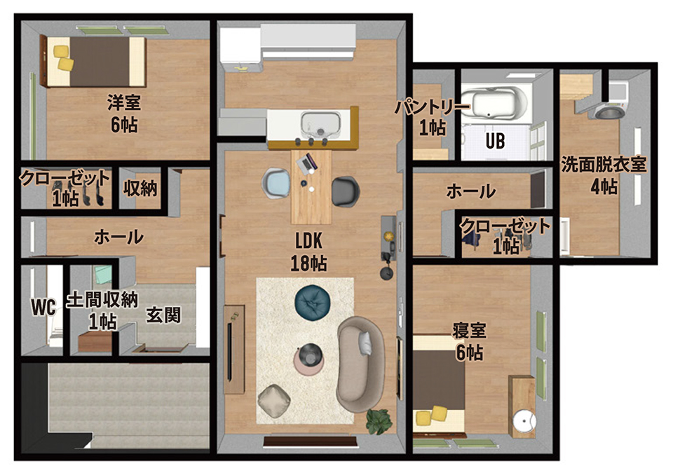 間取り例③
陽の光がたっぷり入る、南側に寝室を設けた家