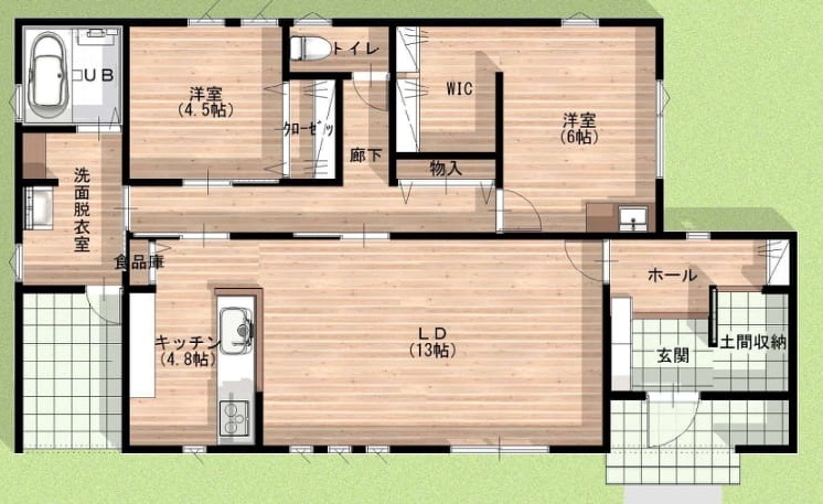 収納を十分に確保した平屋の間取り