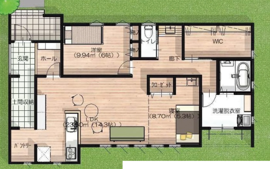 寝室とLDKを一体化できる平屋の間取り
