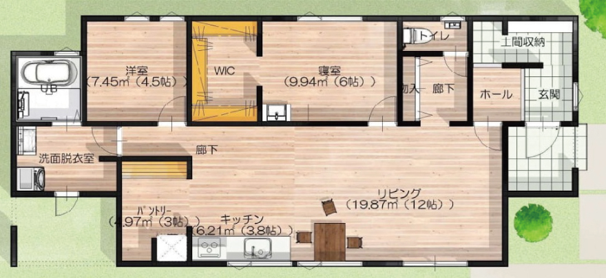 広いLDKを確保した平屋の間取り