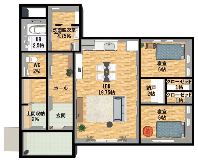 間取り例②：収納力のある広々とした２WAY玄関のある家