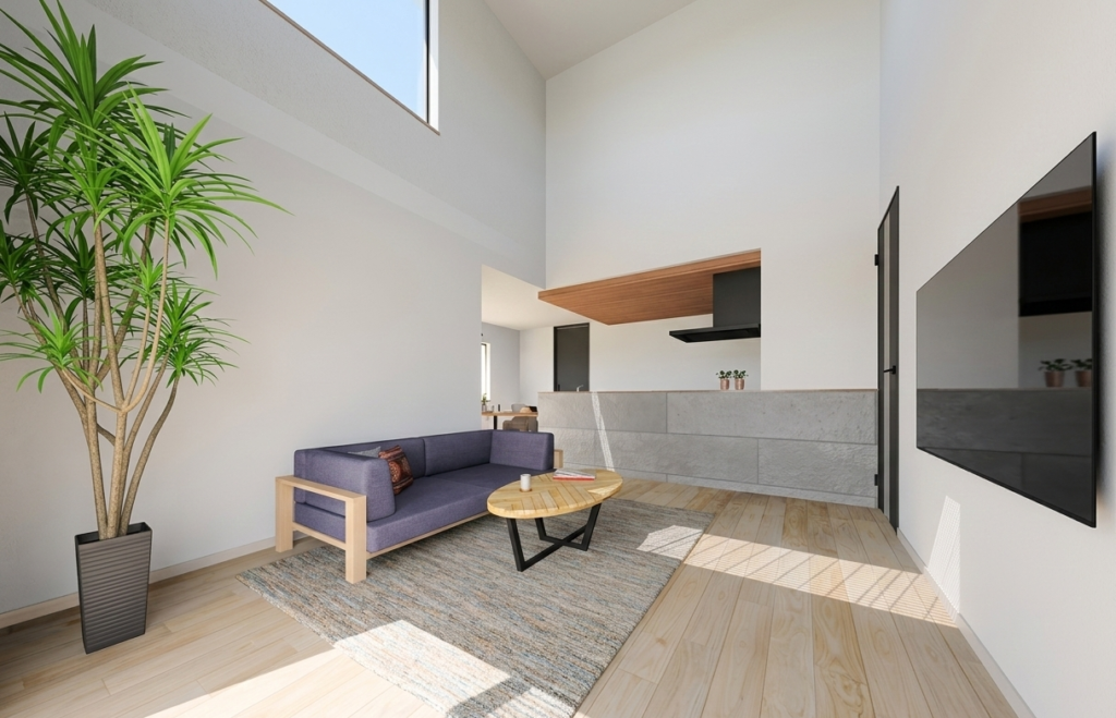 高窓のある吹き抜けリビング