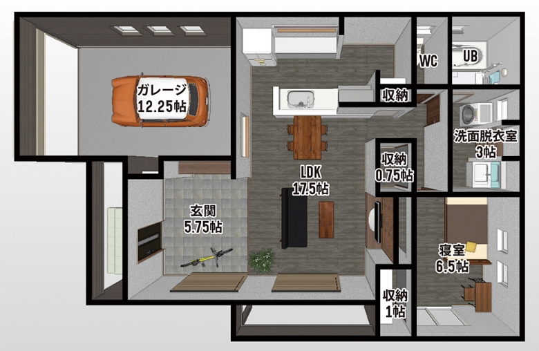 ガレージ付きの平屋プラン
