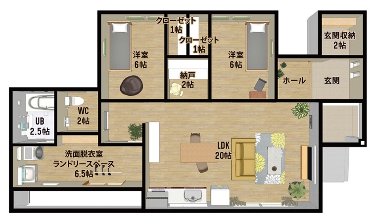 2LDK＋ランドリースペースのある27坪の平屋の間取り