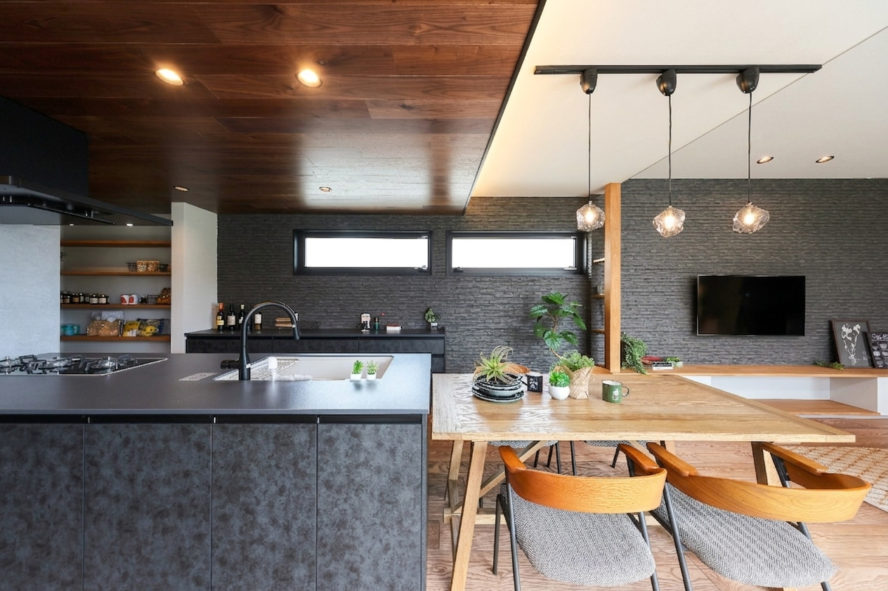 板張り天井とアクセントウォールの
存在感がつなぐ空間