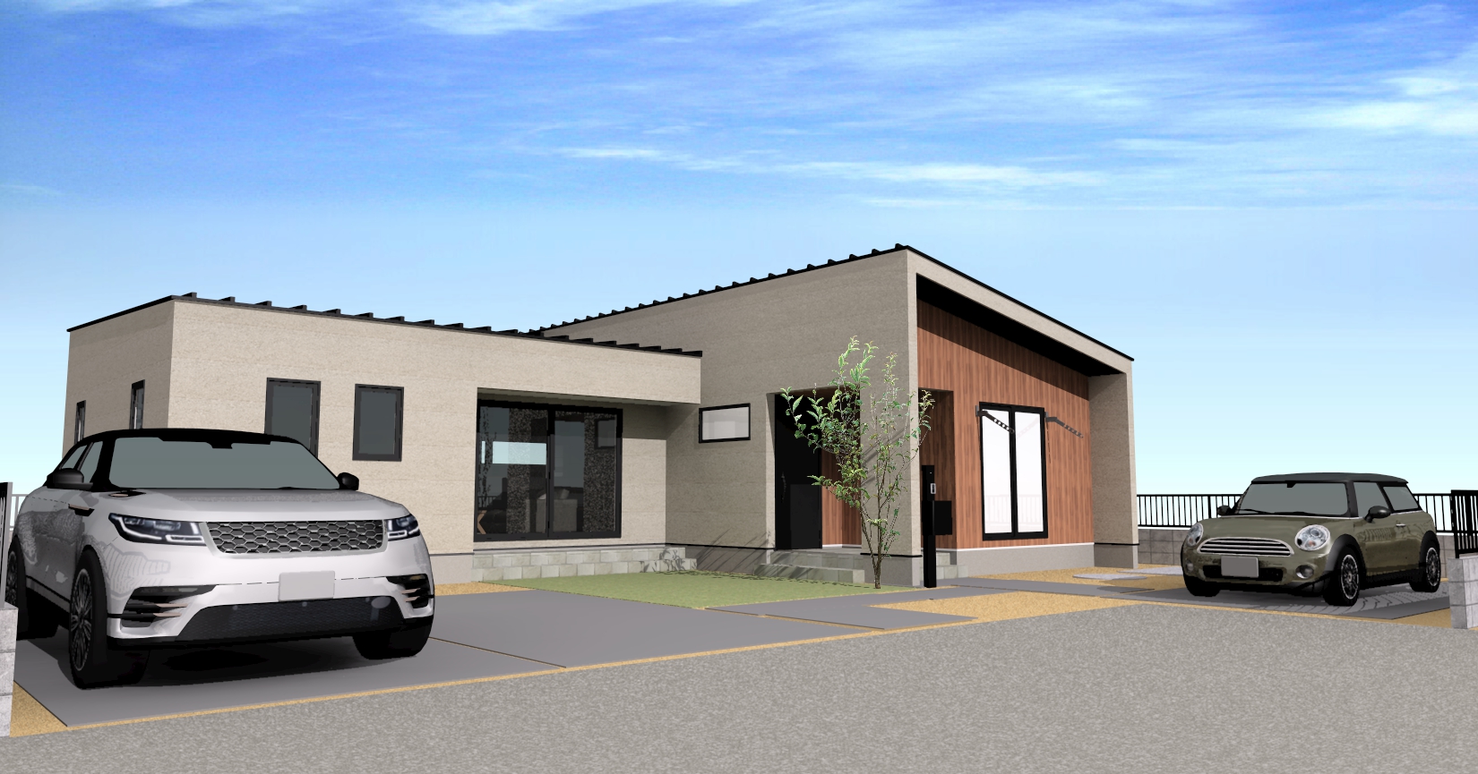 ベージュと木目の平屋