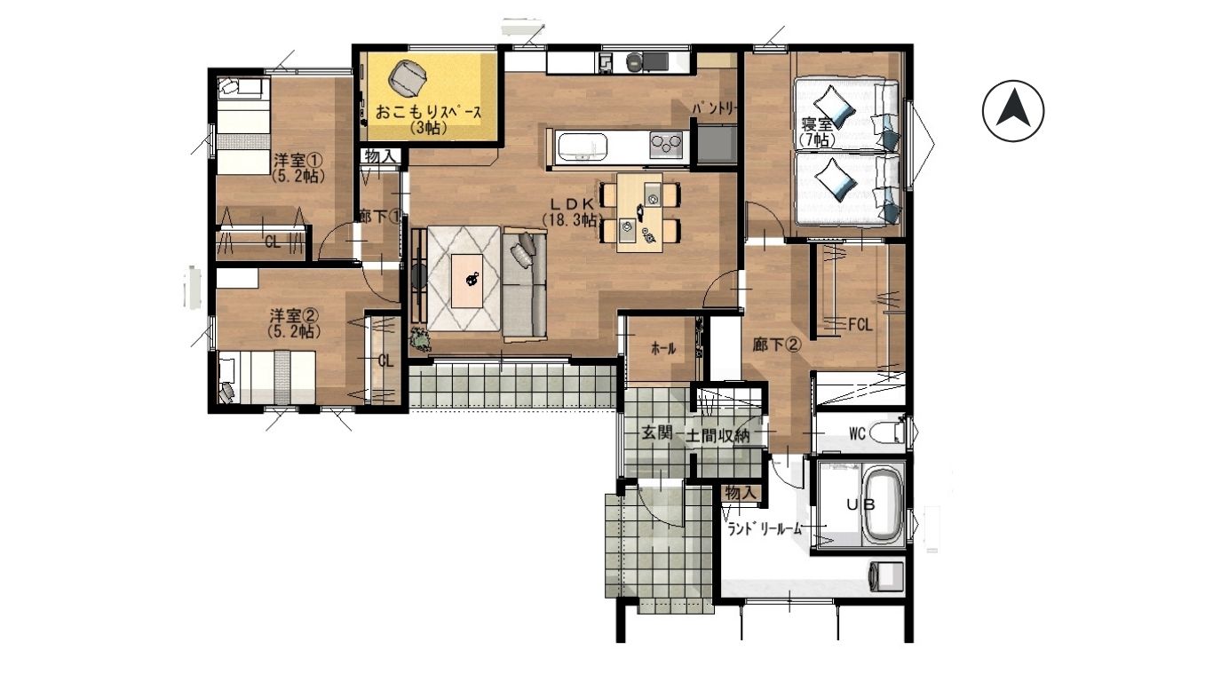 LDKを中心とした平屋の間取り