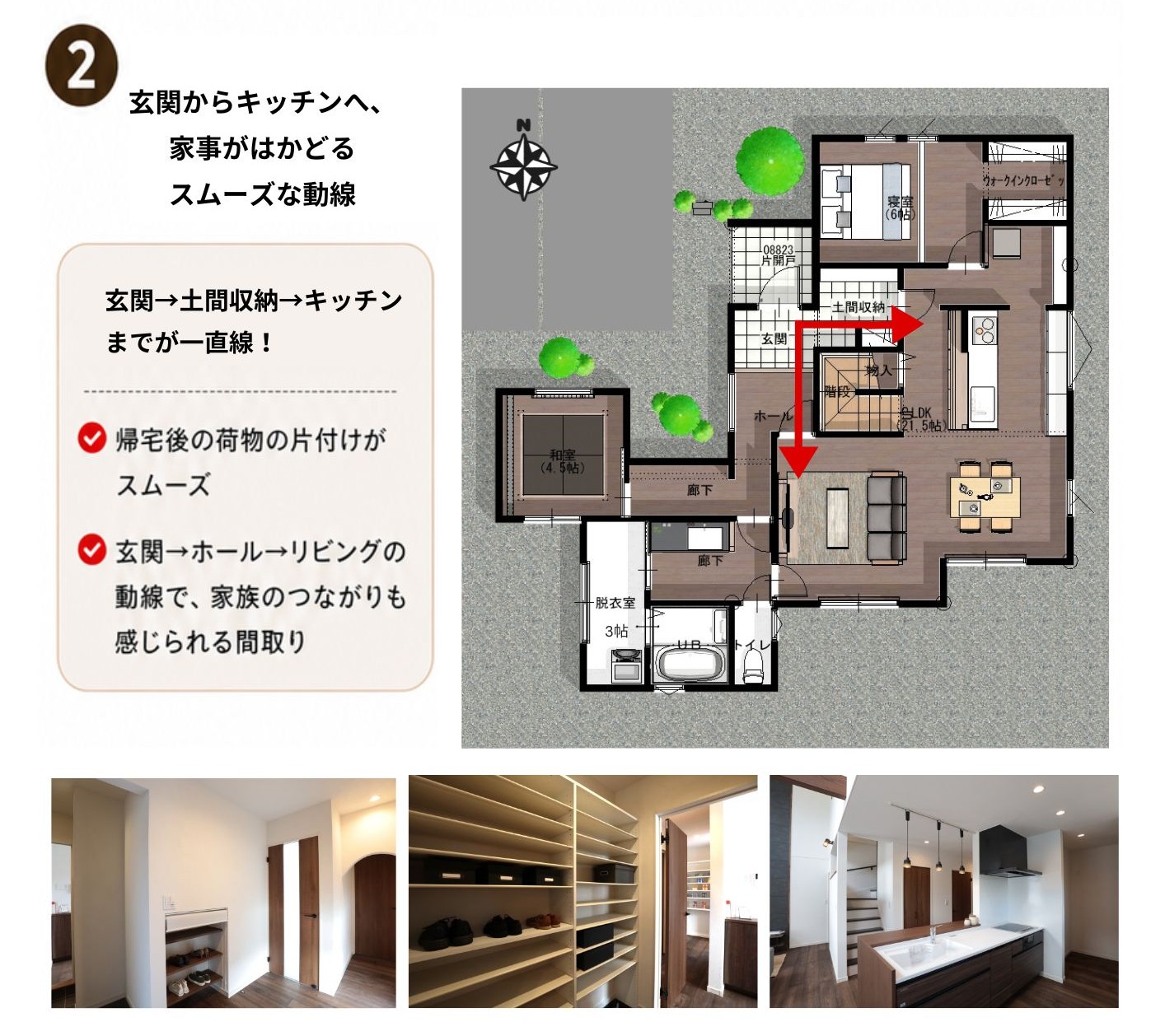 玄関からキッチンへつながる家事ラク動線